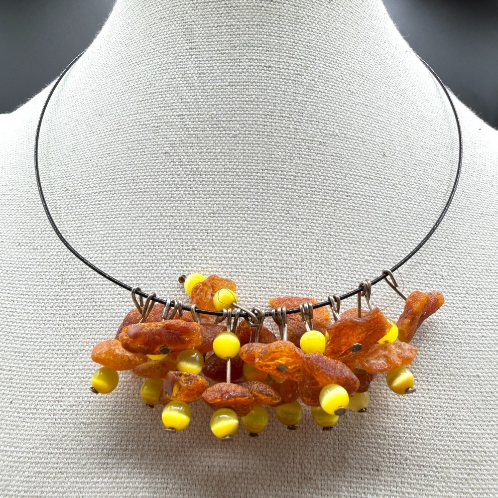 Amber Chip Bead Cluster Necklace Bohemian Statement Artisan Festival Gift